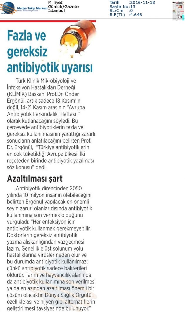 Milliyet_18_Kasım_2016 (FAZLA_VE_GEREKSİZ_ANTİBİYOTİK_UYARISI)
